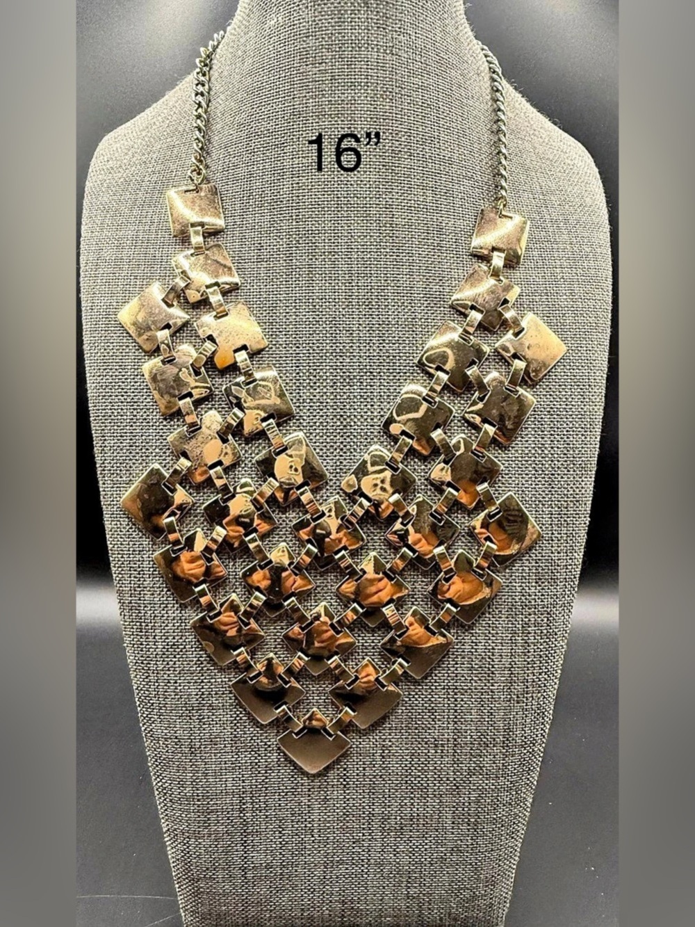 Modernist Gold Metal Interlocking Diamond Square Tile Statement Collar Necklace